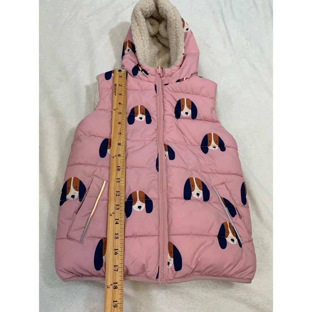 Mini Boden Reversible Puffer Vest Girls 6-7Y Pink Beagle‎ Dog Sherpa Fleece Hood